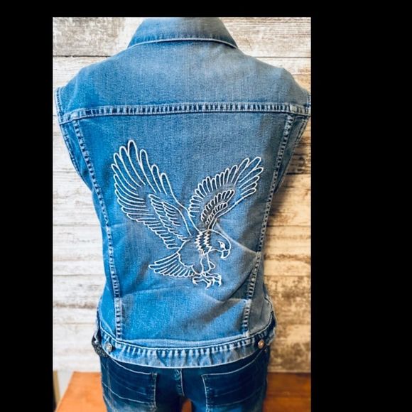 Denim Vest | Made in USA | Eagle embroidery on back | distressed | vintage | - Picture 1 of 8